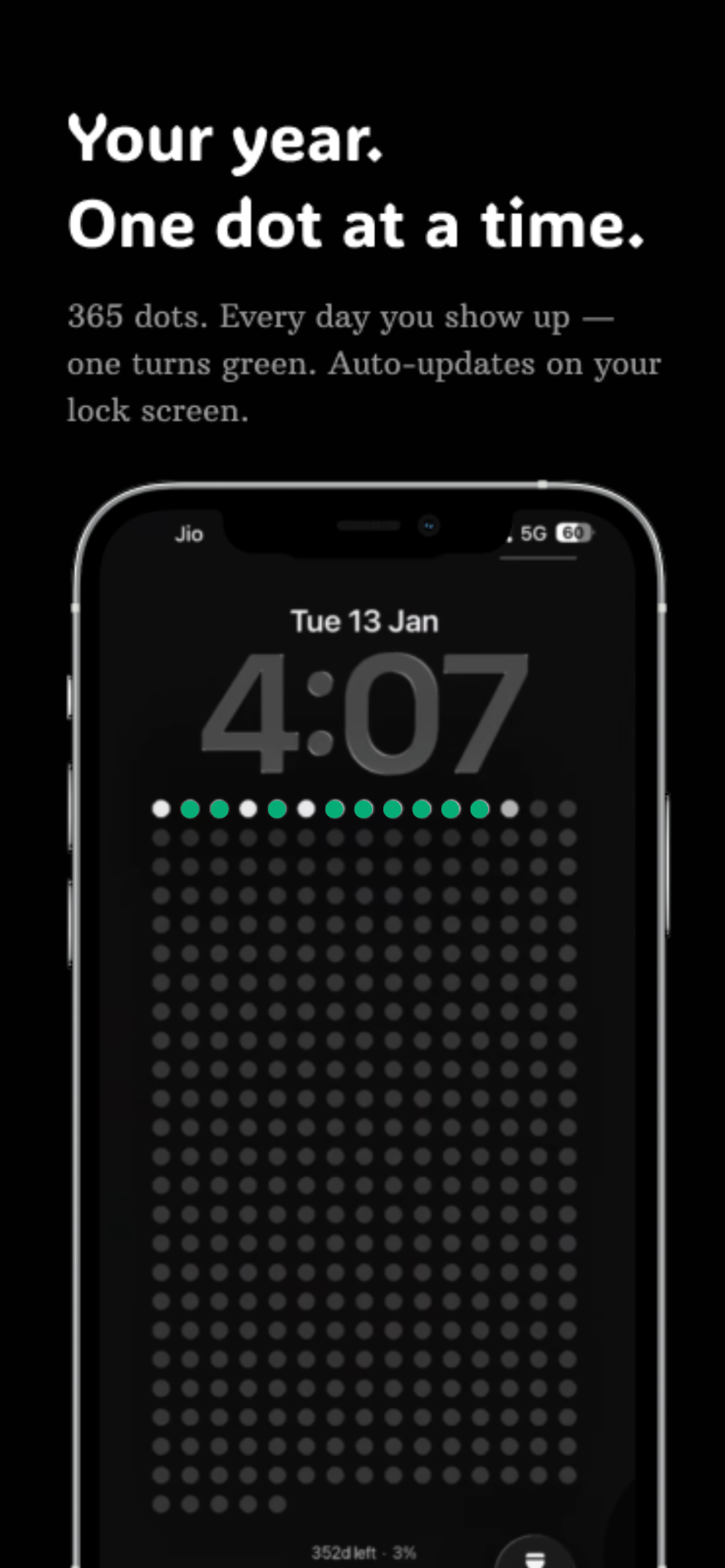 Dots app lock screen wallpaper showing 365 dots with a green streak on iPhone